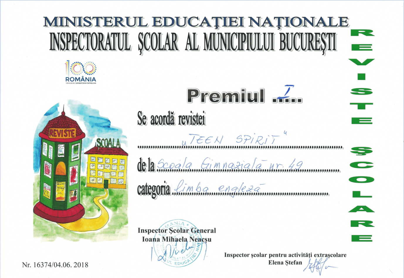 2018 – Premiul I la Concursul Revistelor Școlare, Etapa municipală