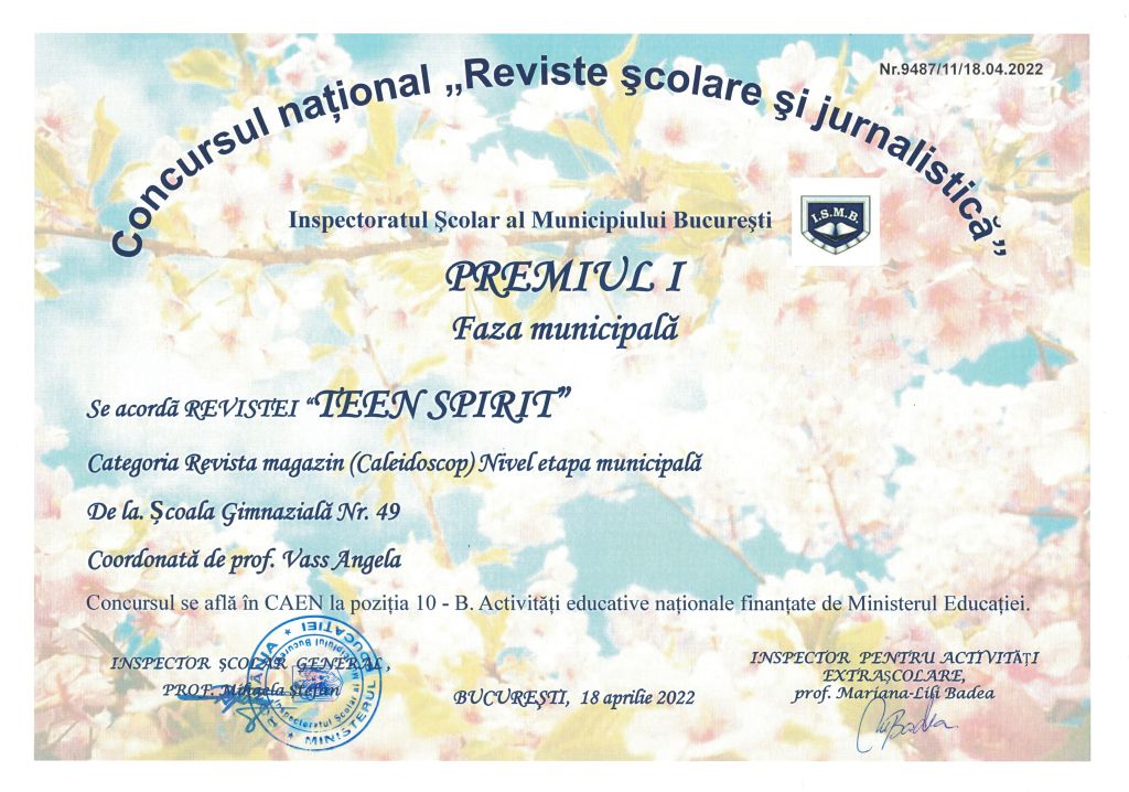 2022 – Premiul I la Concursul Național „Reviste școlare și jurnalistică”, Etapa municipală